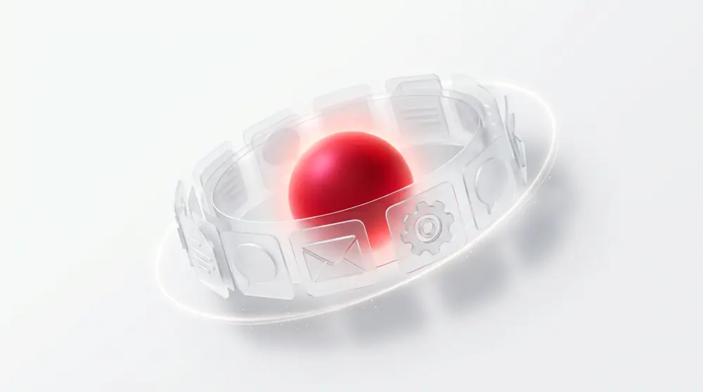A glowing red core surrounded by a ring of translucent document, email, chat and settings cards