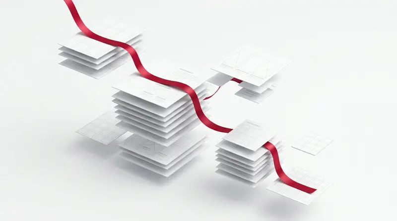 Abstract white content panels and layout grids with a red ribbon